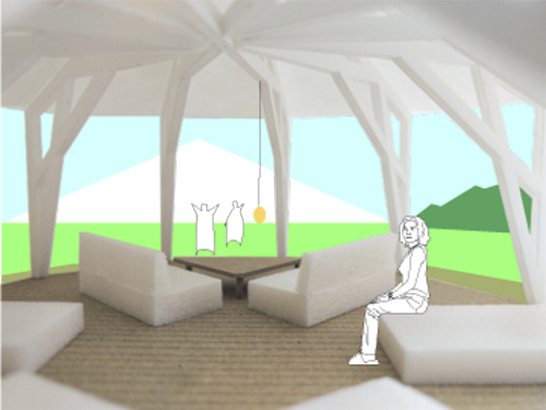 富士山麓に間伐材でつくるテント内観C1