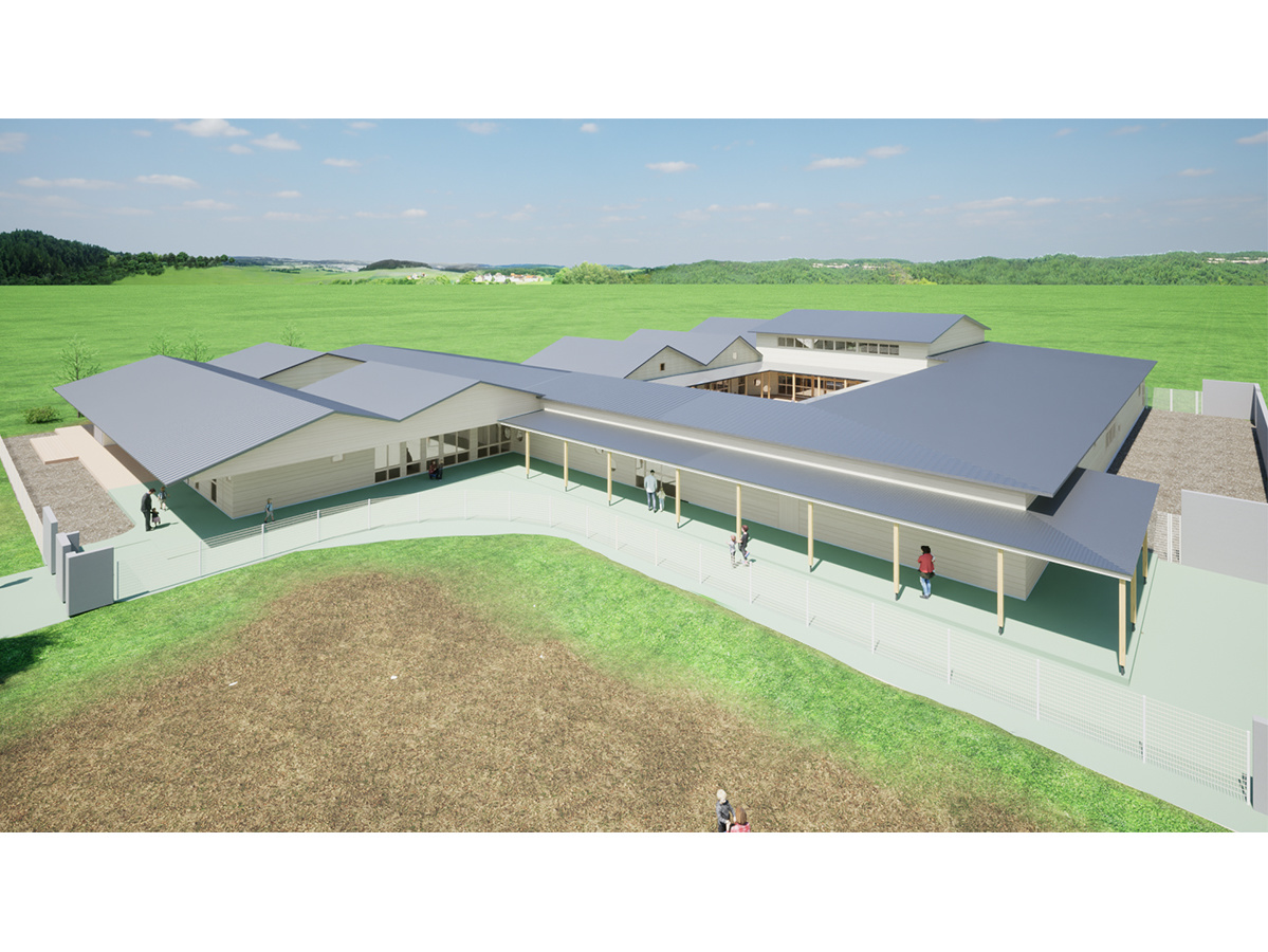 切妻屋根が連続する色麻町認定こども園鳥瞰