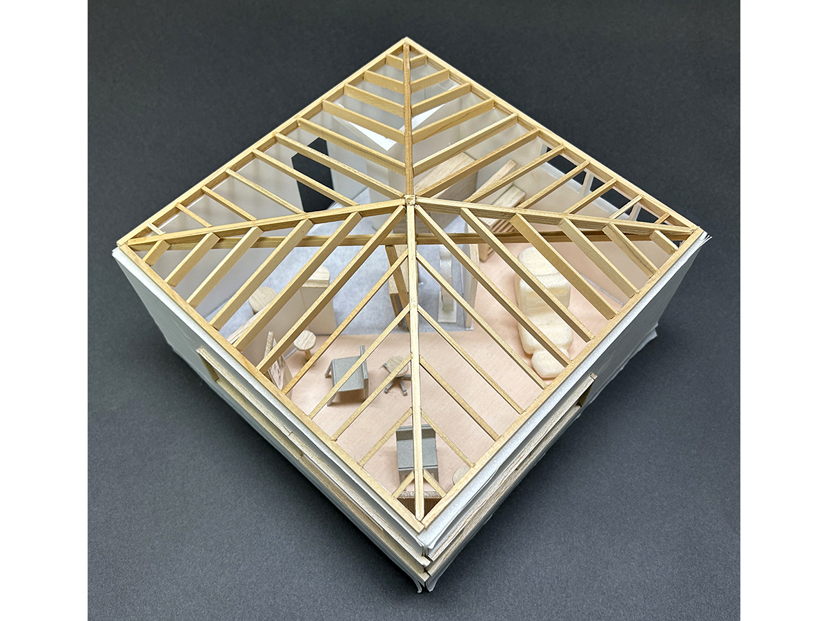 白石にある宝形屋根架構現しの美容室re:peco模型-6