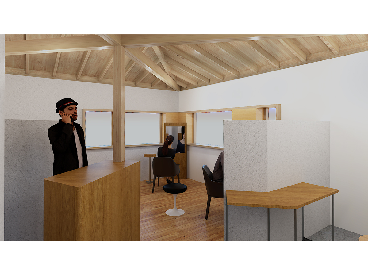 白石にある宝形屋根架構現しの美容室re:pecoパース-1