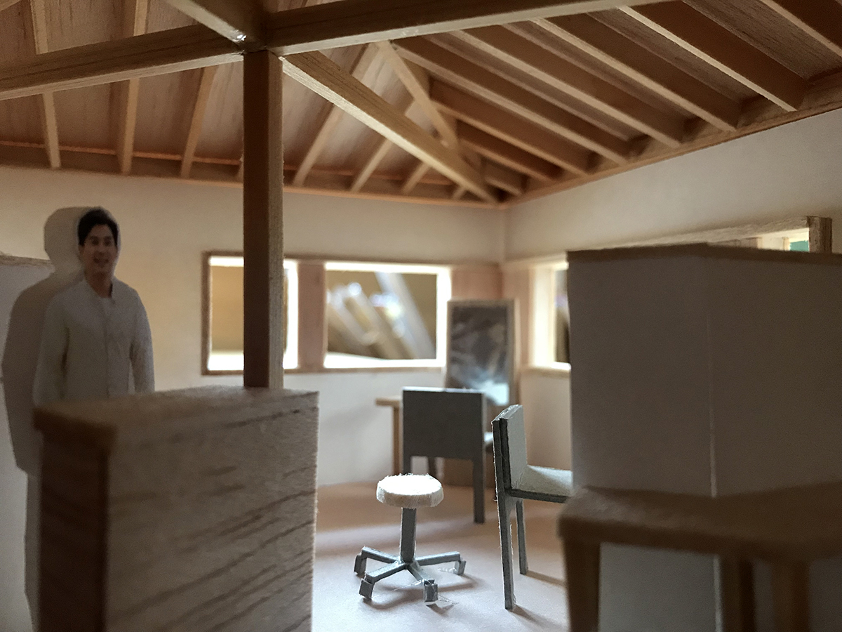 白石にある宝形屋根架構現しの美容室re:pecoスタディ模型-2