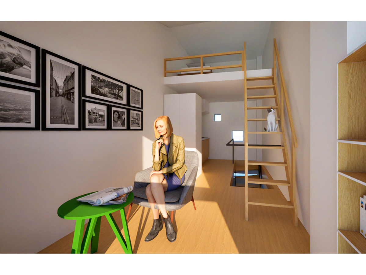 イレギュラーな窓とメゾネットが生み出す変化のある内観パース-4