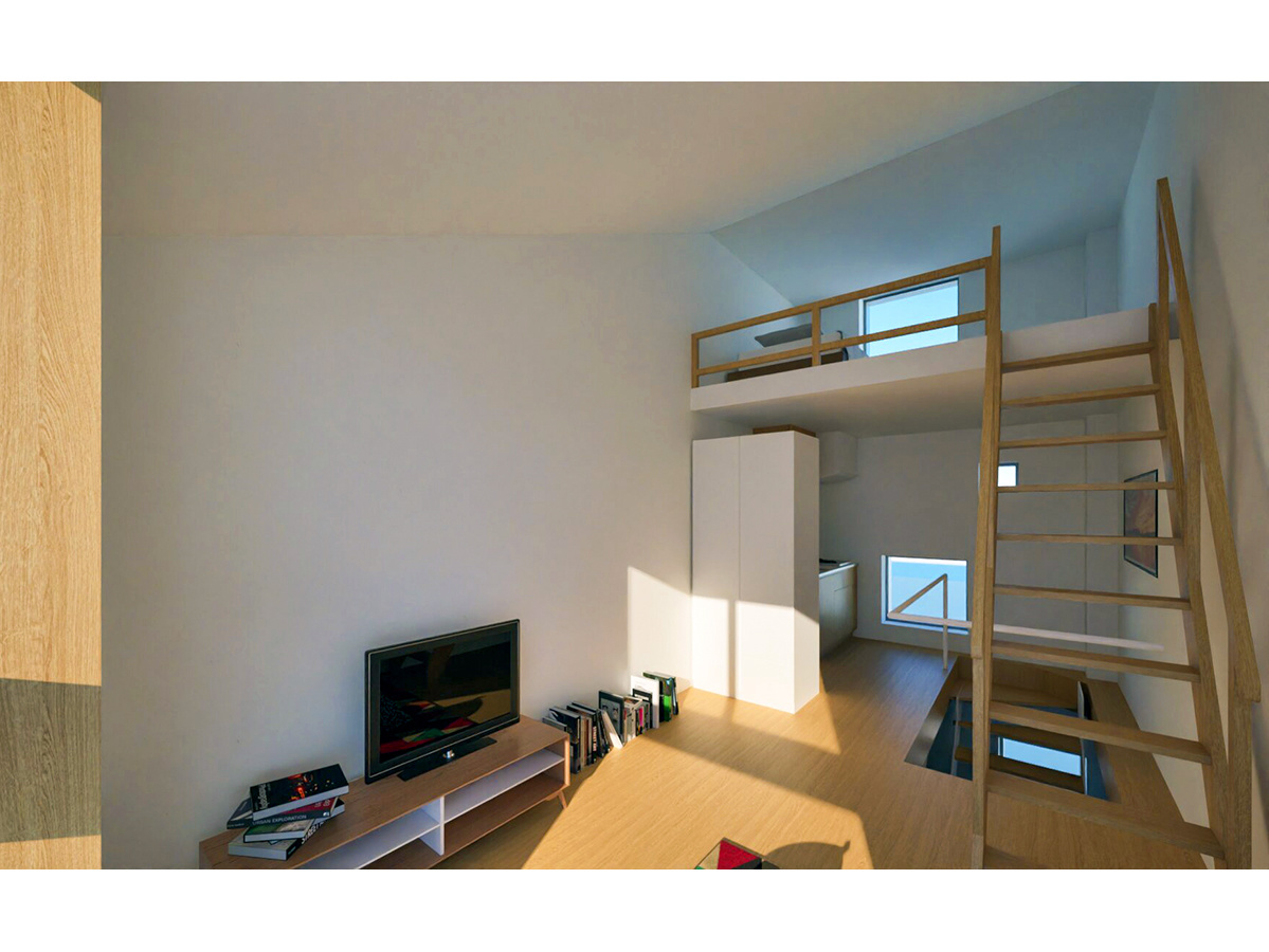 イレギュラーな窓とメゾネットが生み出す変化のある内観パース-9